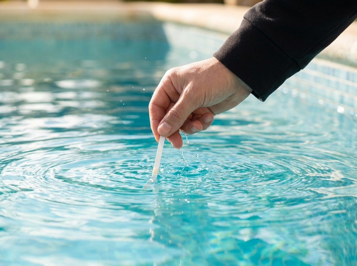 Technician holding a water test kit, checking pool chemistry against a color chart